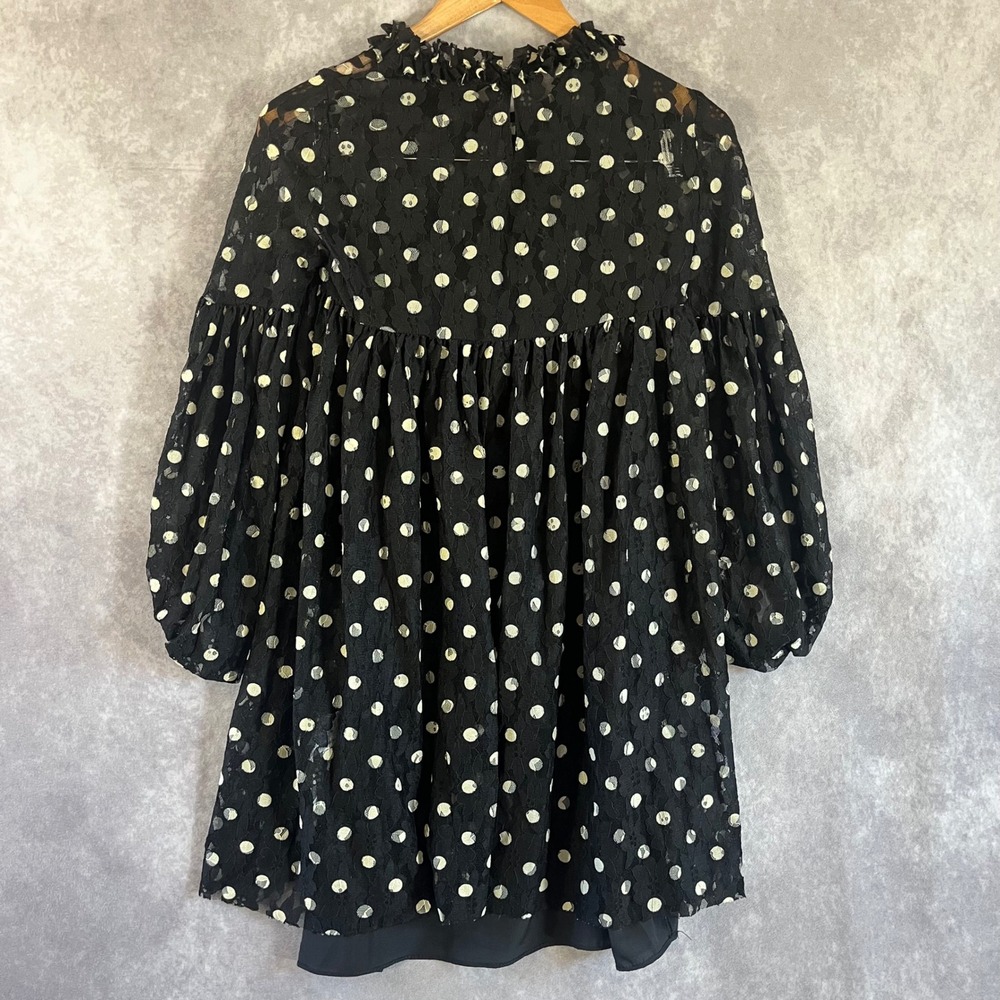 Zara Dress Women Small Black Polka Dot Lace Balloon Sleeve Ruffle Babydoll Tunic - Picture 3 of 8